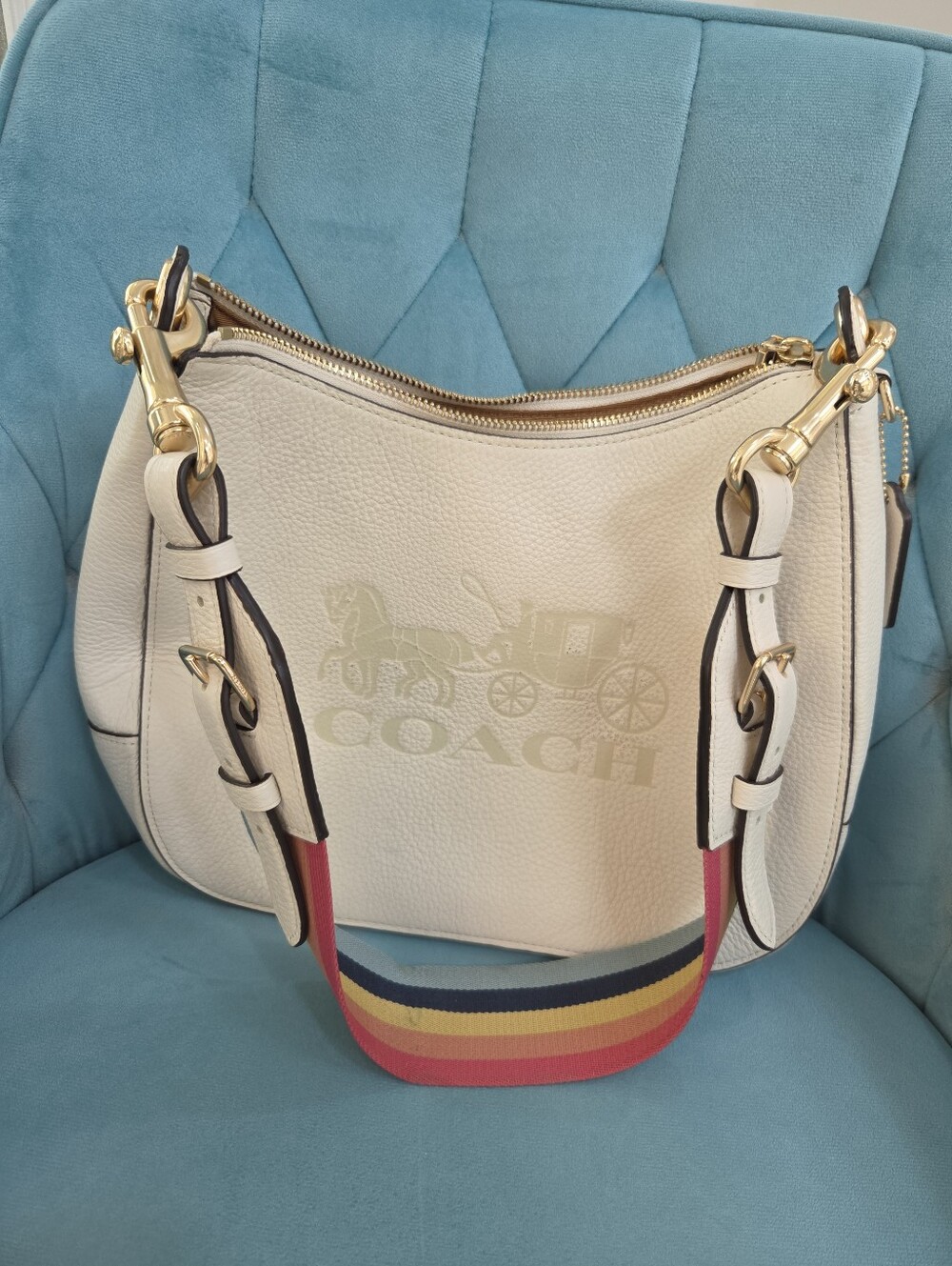 COACH Cream Pebbled Leather Shoulder Bag with Multicolor Stripe Strap